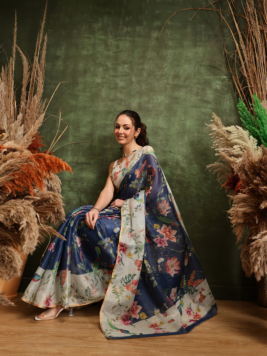 Hiral Fashion Blue Chanderi Cotton Blend Floral Digital Printed Saree | Swadesiicart