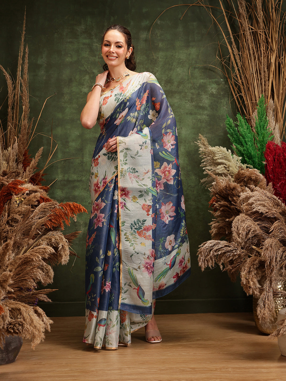 Hiral Fashion Blue Chanderi Cotton Blend Floral Digital Printed Saree | Swadesiicart