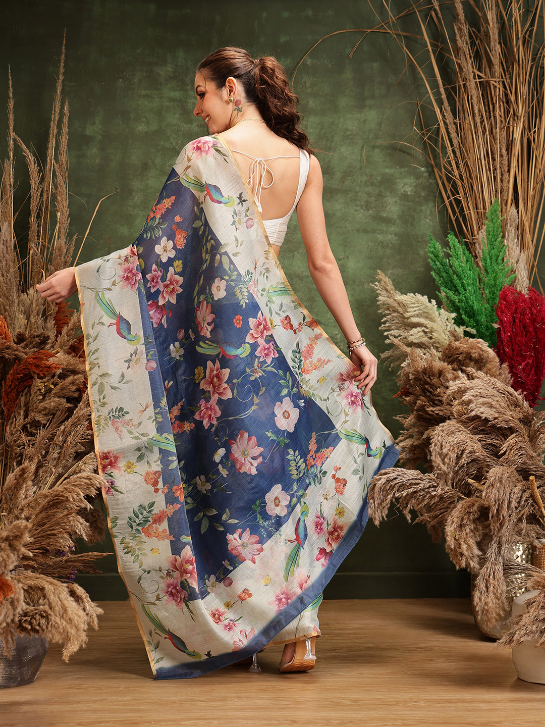 Hiral Fashion Blue Chanderi Cotton Blend Floral Digital Printed Saree | Swadesiicart