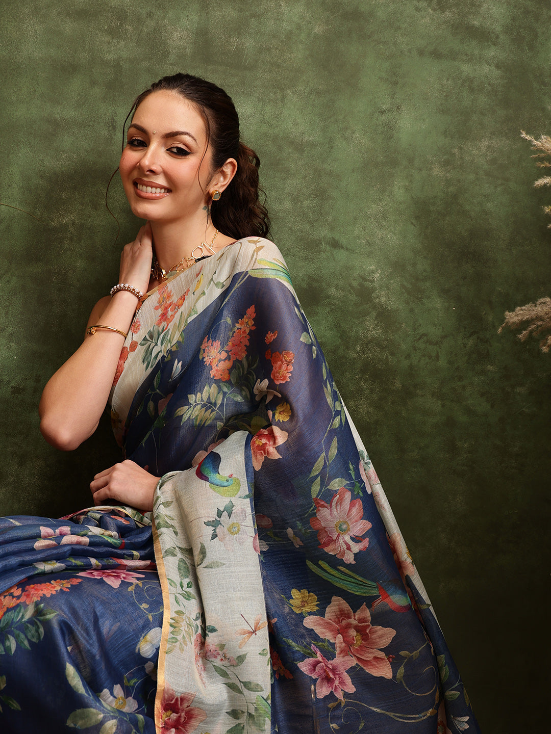 Hiral Fashion Blue Chanderi Cotton Blend Floral Digital Printed Saree | Swadesiicart