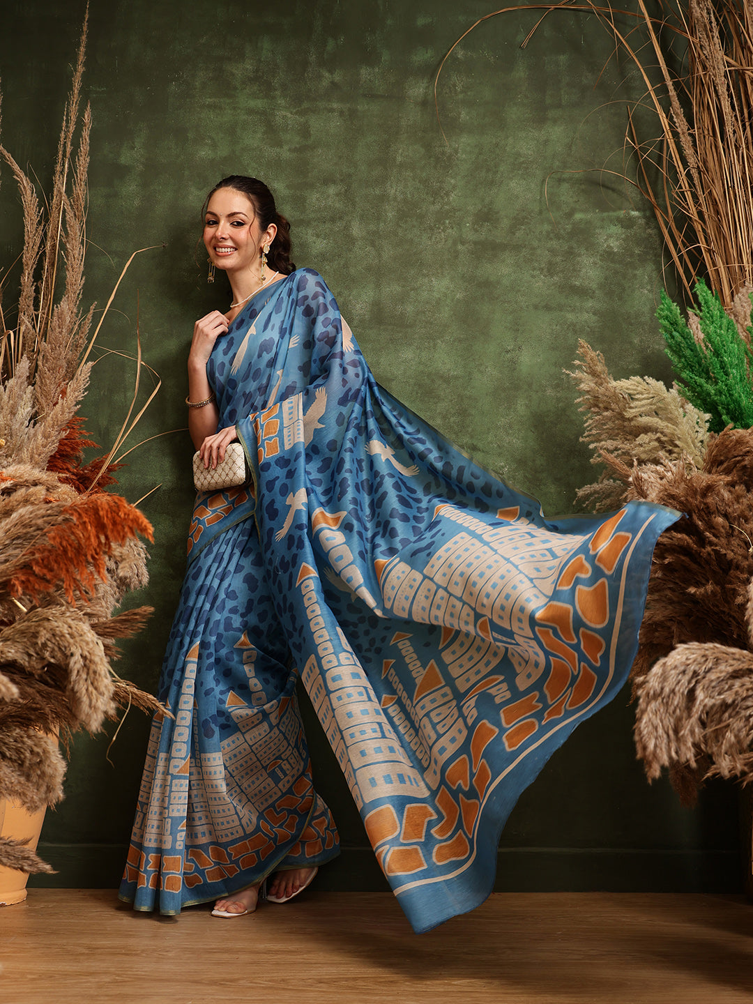 Hiral Fashion Blue Chanderi Cotton Blend Abstract Digital Printed Saree | Swadesiicart
