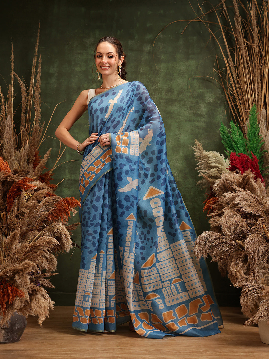 Hiral Fashion Blue Chanderi Cotton Blend Abstract Digital Printed Saree | Swadesiicart