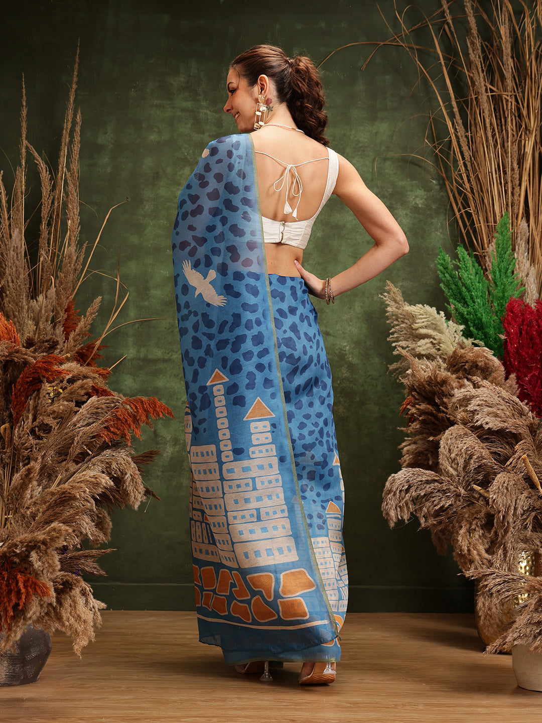Hiral Fashion Blue Chanderi Cotton Blend Abstract Digital Printed Saree | Swadesiicart