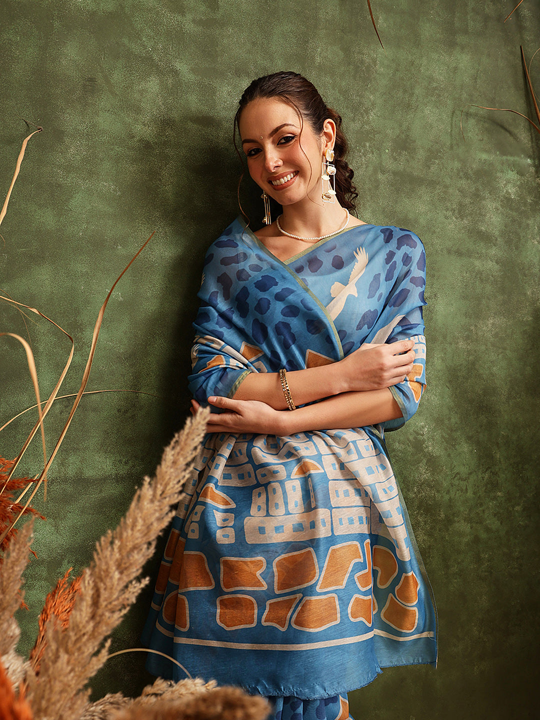 Hiral Fashion Blue Chanderi Cotton Blend Abstract Digital Printed Saree | Swadesiicart