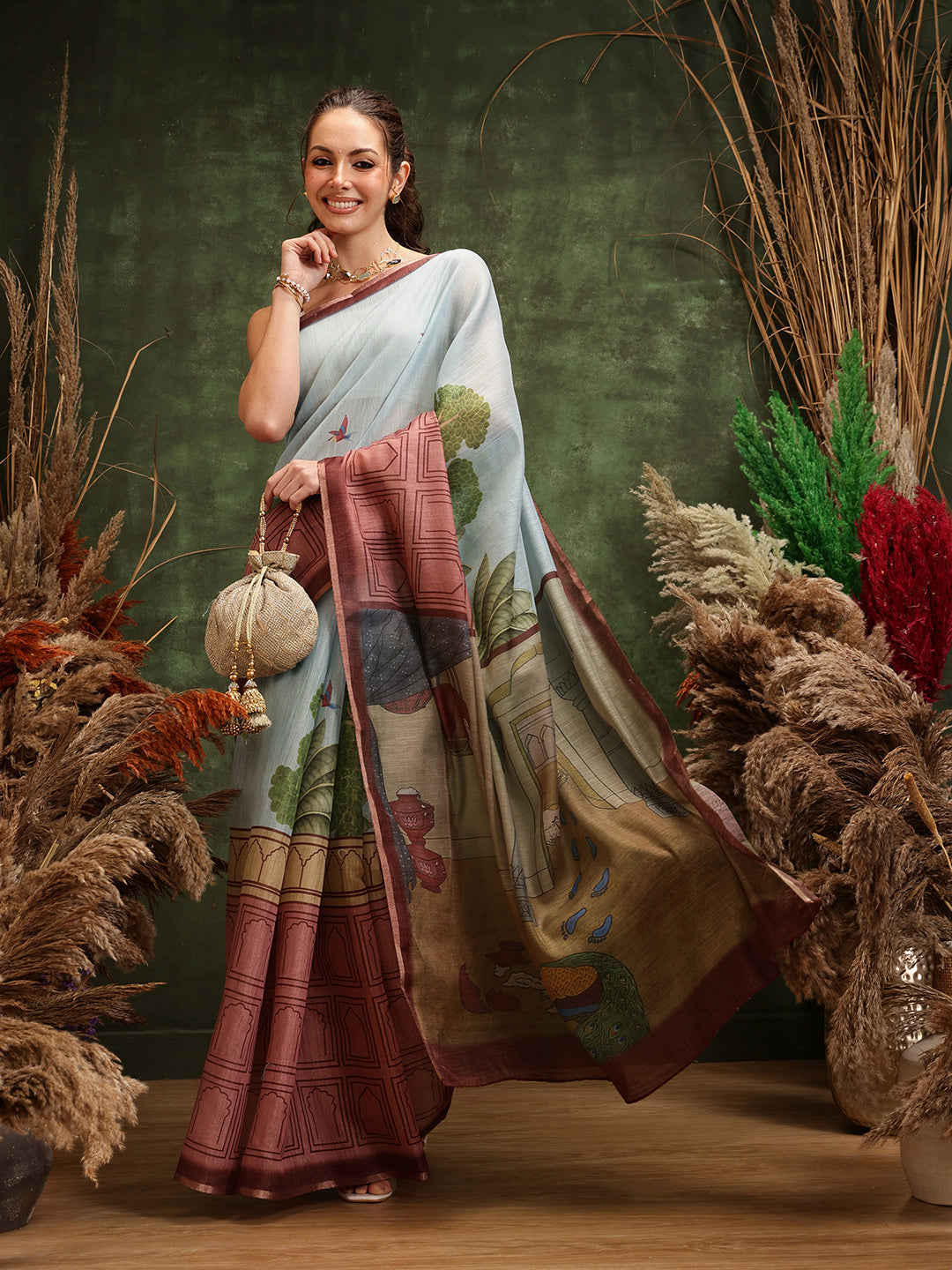 Hiral Fashion Blue Chanderi Cotton Blend Abstract Digital Printed Saree | Swadesiicart