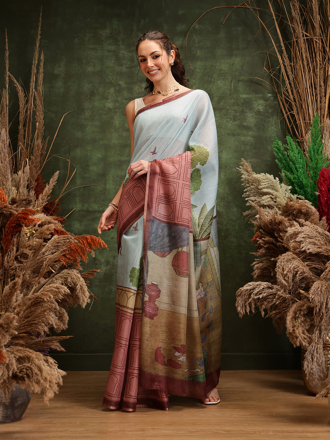 Hiral Fashion Blue Chanderi Cotton Blend Abstract Digital Printed Saree | Swadesiicart