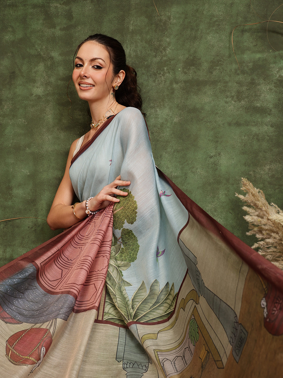 Hiral Fashion Blue Chanderi Cotton Blend Abstract Digital Printed Saree | Swadesiicart