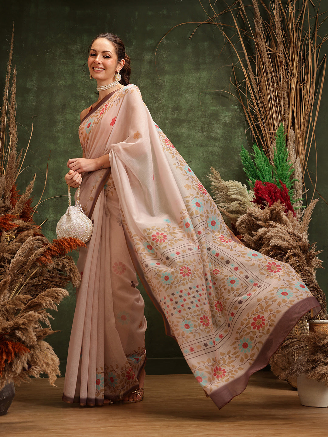 Hiral Fashion Peach Chanderi Cotton Blend Floral Digital Printed Saree | Swadesiicart