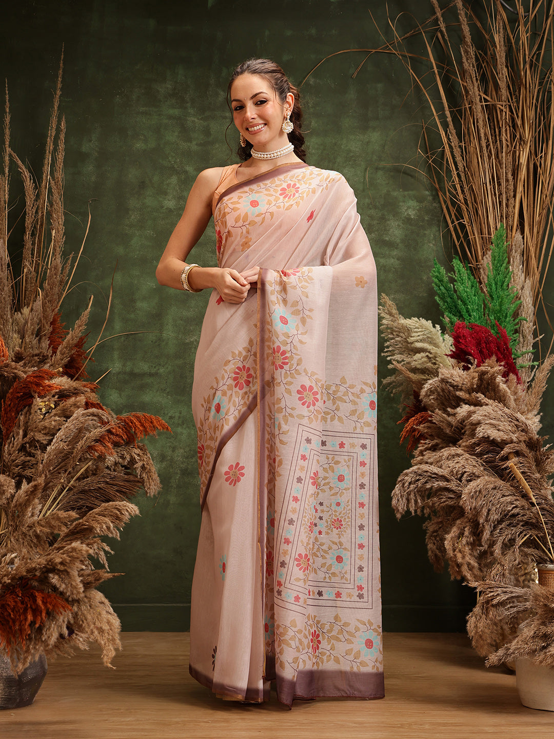 Hiral Fashion Peach Chanderi Cotton Blend Floral Digital Printed Saree | Swadesiicart