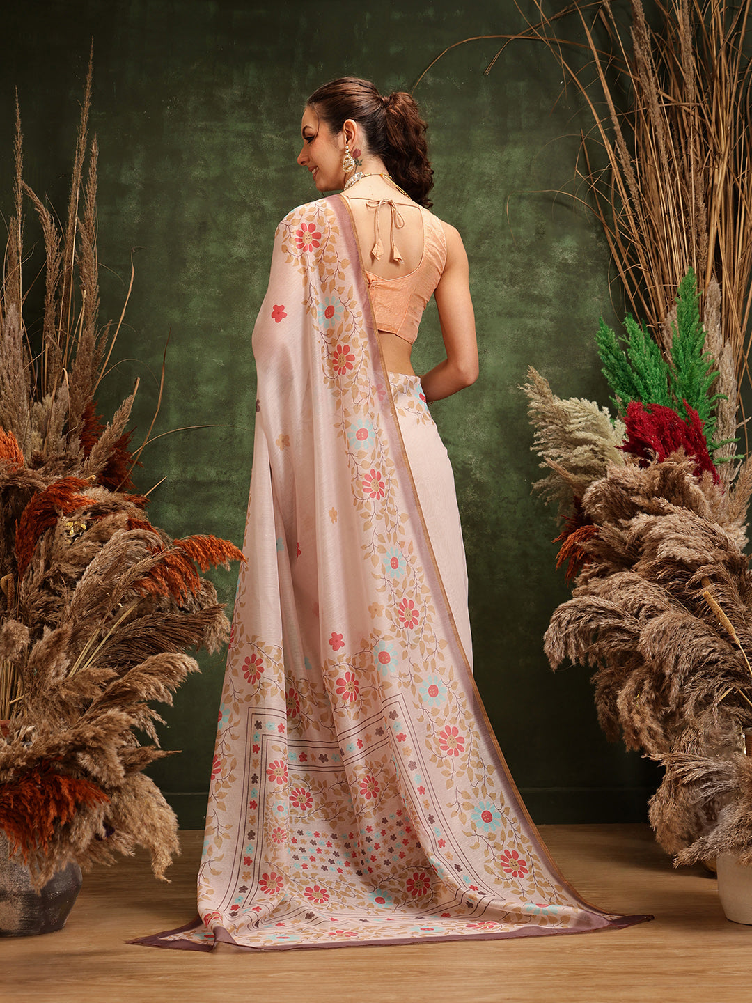 Hiral Fashion Peach Chanderi Cotton Blend Floral Digital Printed Saree | Swadesiicart