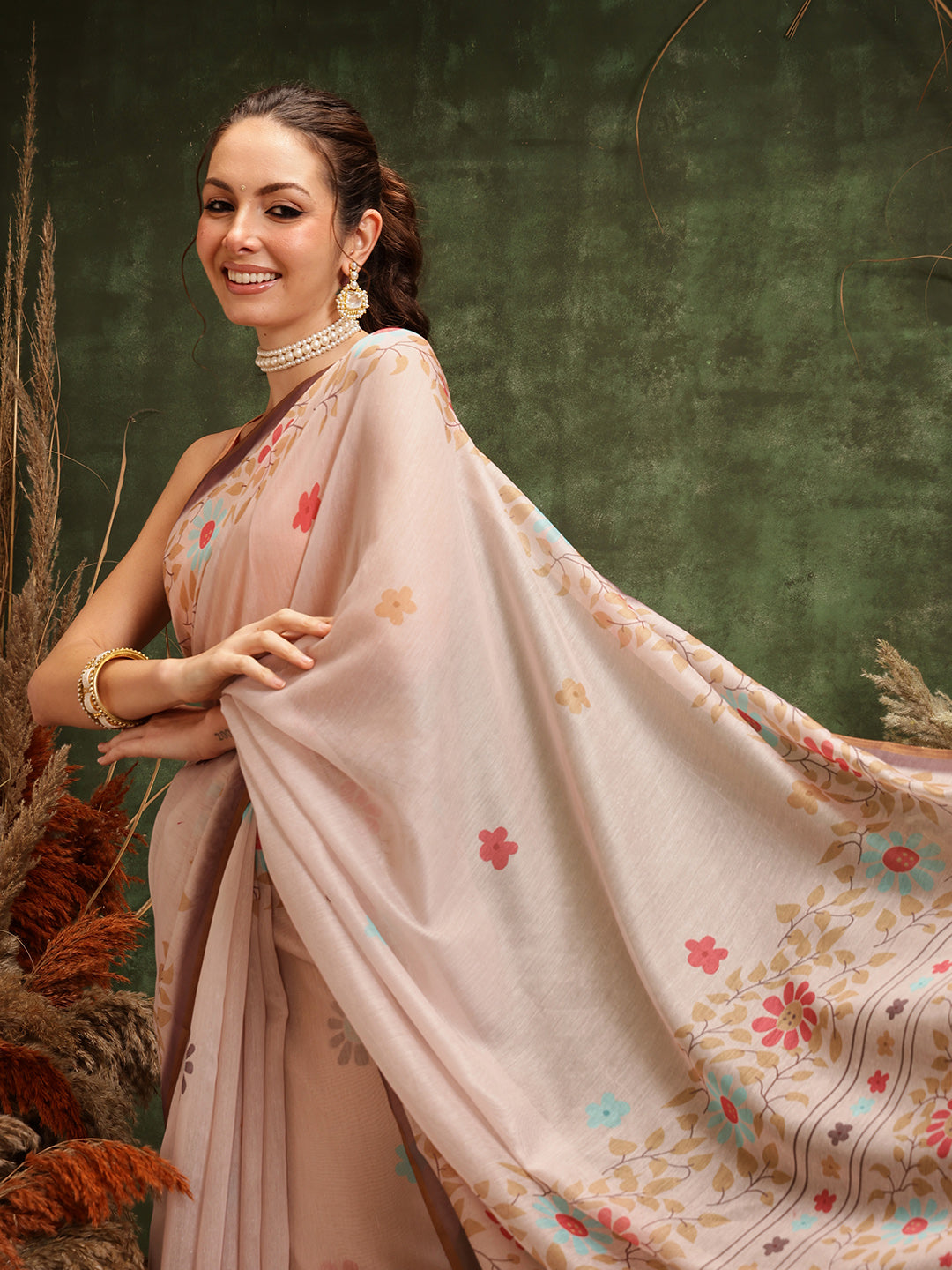 Hiral Fashion Peach Chanderi Cotton Blend Floral Digital Printed Saree | Swadesiicart