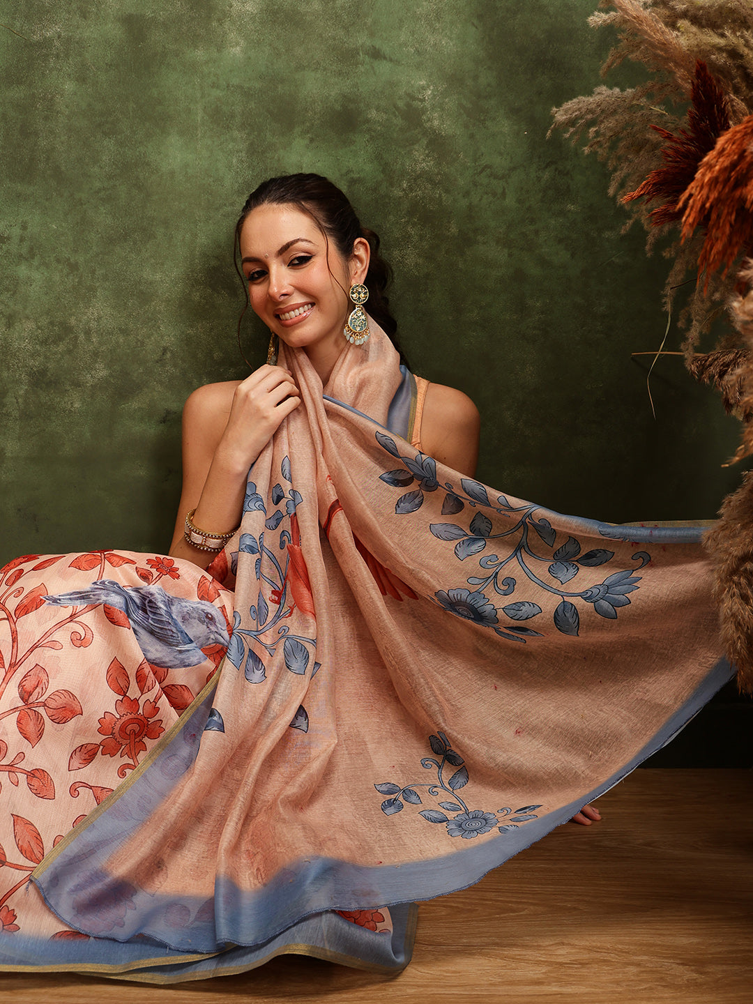 Hiral Fashion Beige Chanderi Cotton Blend Floral Digital Printed Saree | Swadesiicart