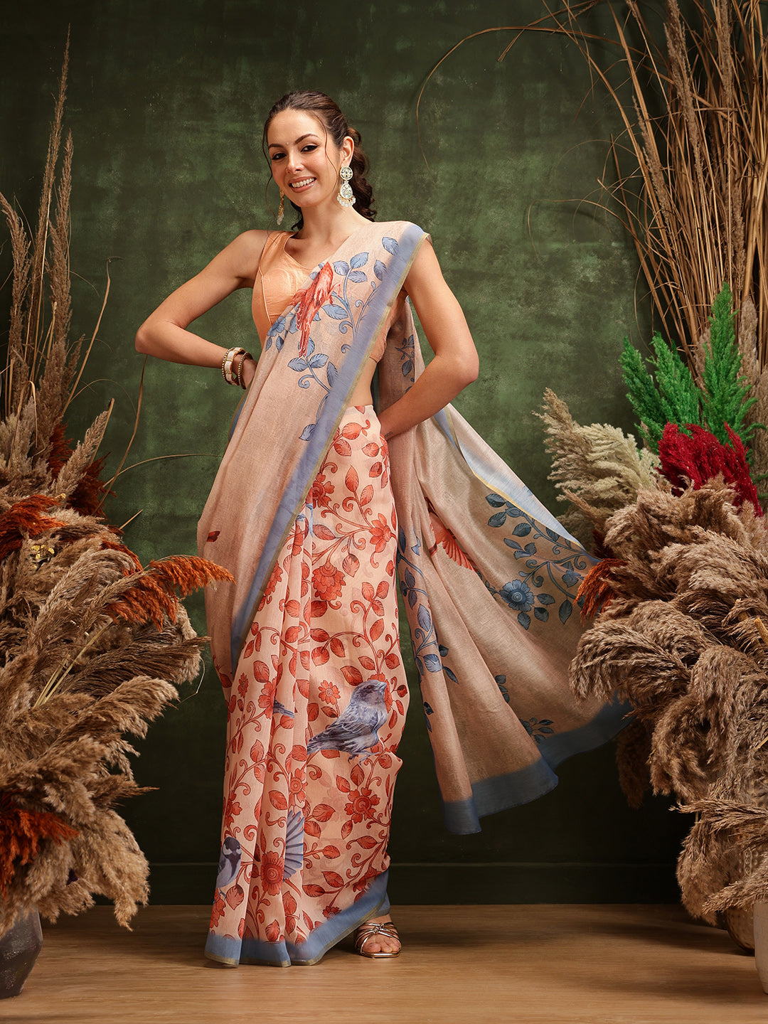 Hiral Fashion Beige Chanderi Cotton Blend Floral Digital Printed Saree | Swadesiicart
