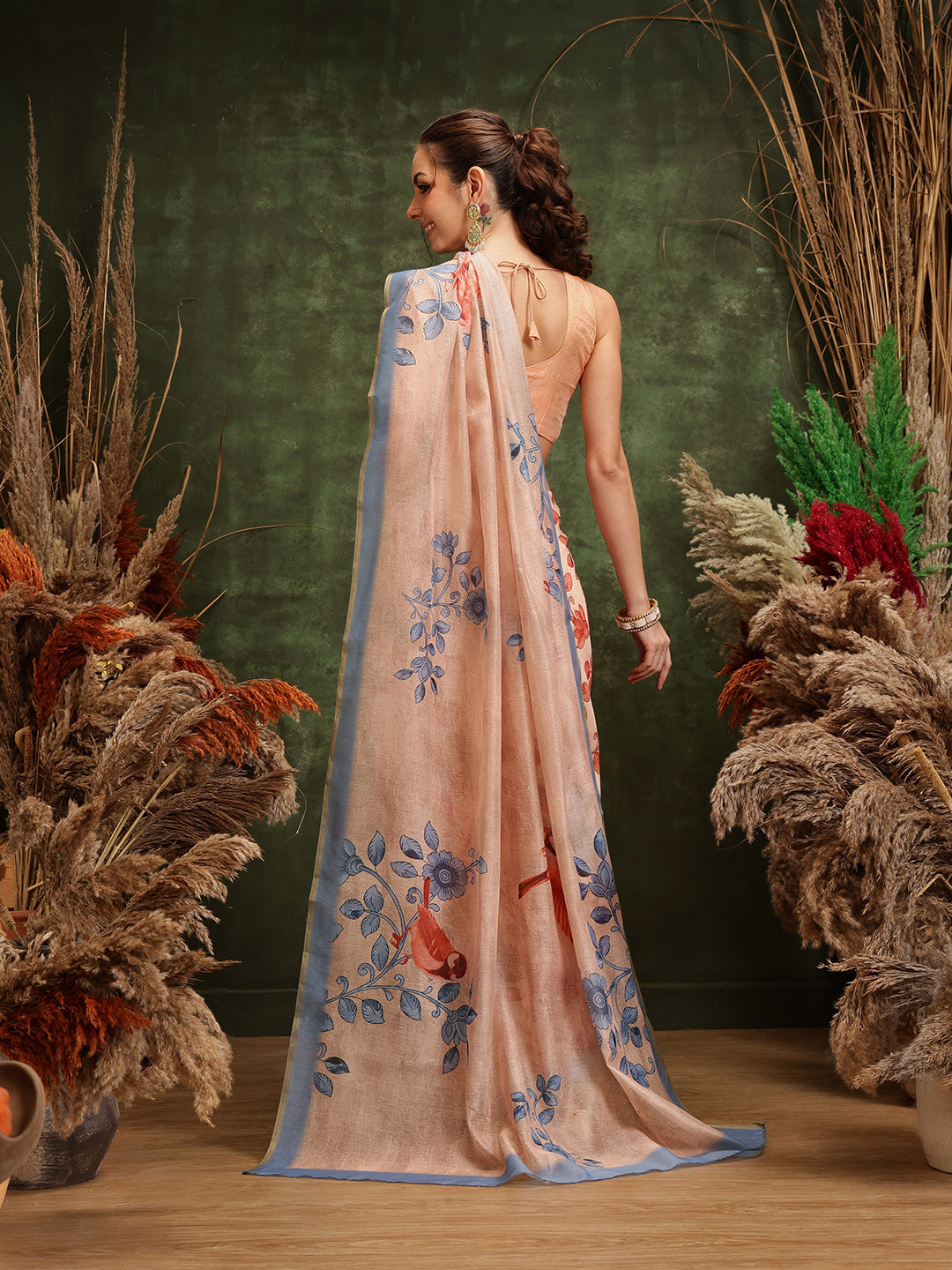 Hiral Fashion Beige Chanderi Cotton Blend Floral Digital Printed Saree | Swadesiicart