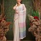 Hiral Fashion White Chanderi Cotton Blend Stripes Digital Printed Saree | Swadesiicart