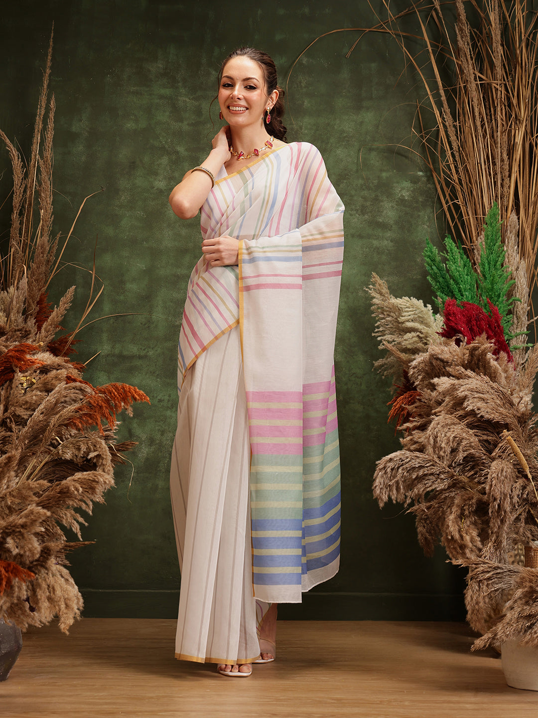 Hiral Fashion White Chanderi Cotton Blend Stripes Digital Printed Saree | Swadesiicart