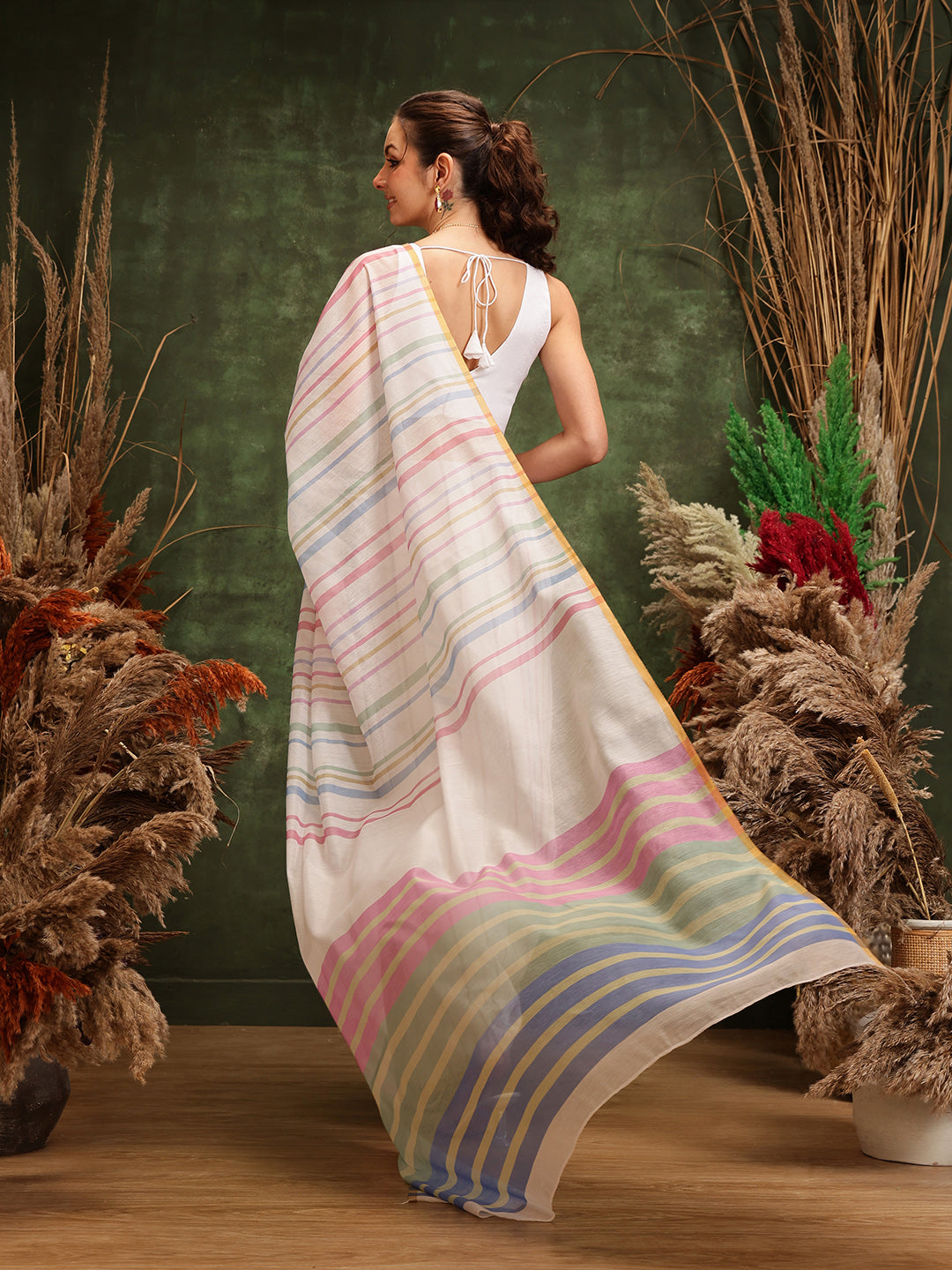 Hiral Fashion White Chanderi Cotton Blend Stripes Digital Printed Saree | Swadesiicart