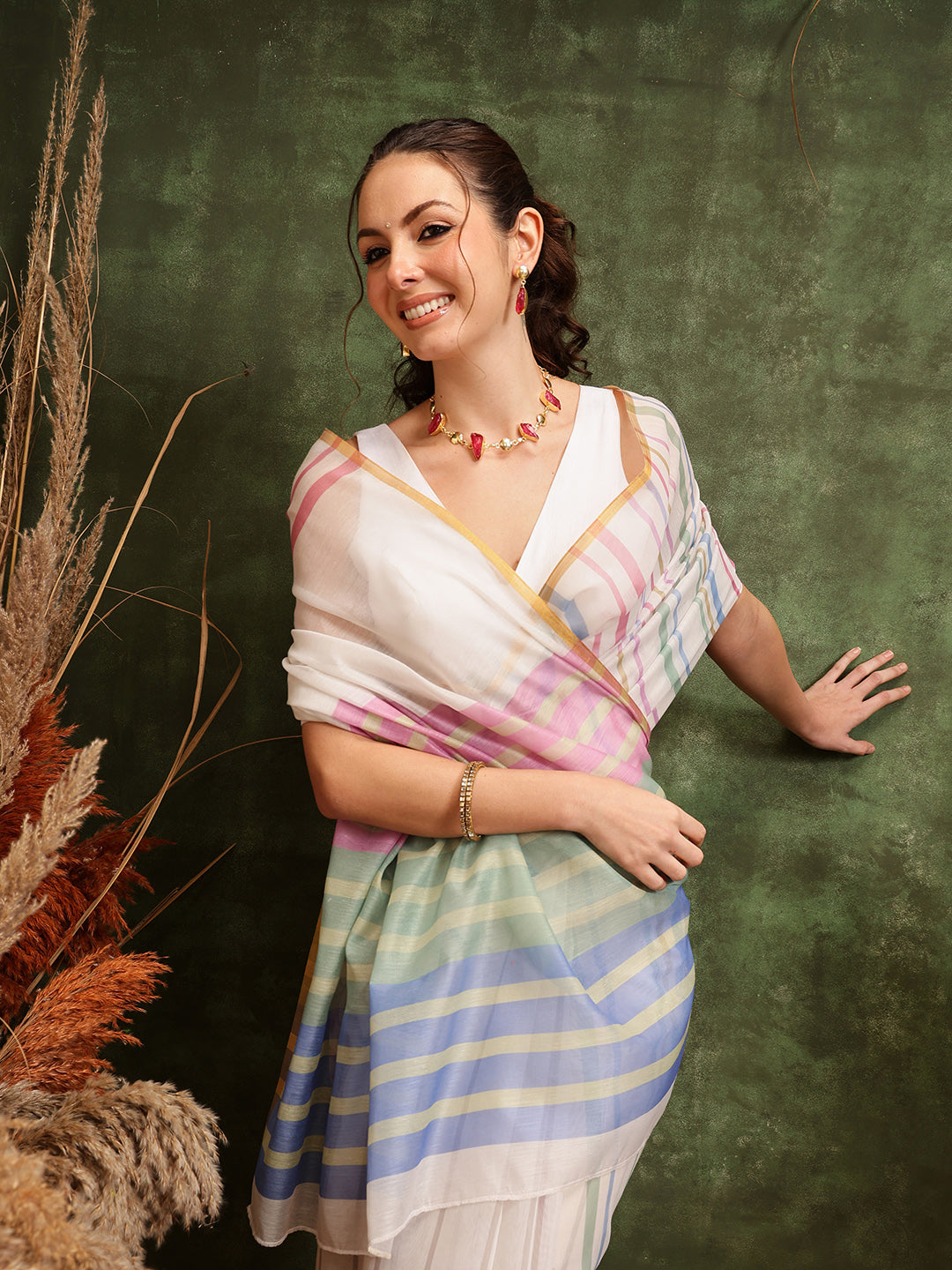 Hiral Fashion White Chanderi Cotton Blend Stripes Digital Printed Saree | Swadesiicart