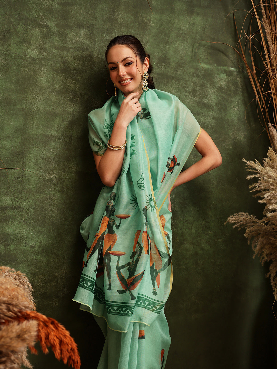 Hiral Fashion Green Chanderi Cotton Blend Abstract Digital Printed Saree | Swadesiicart