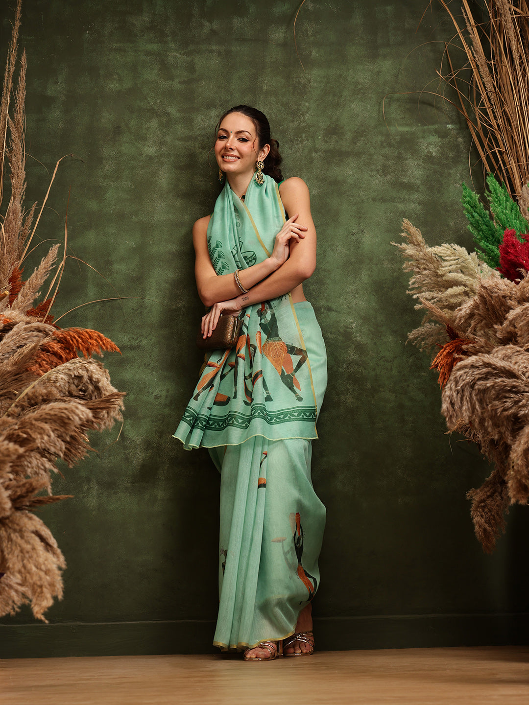 Hiral Fashion Green Chanderi Cotton Blend Abstract Digital Printed Saree | Swadesiicart