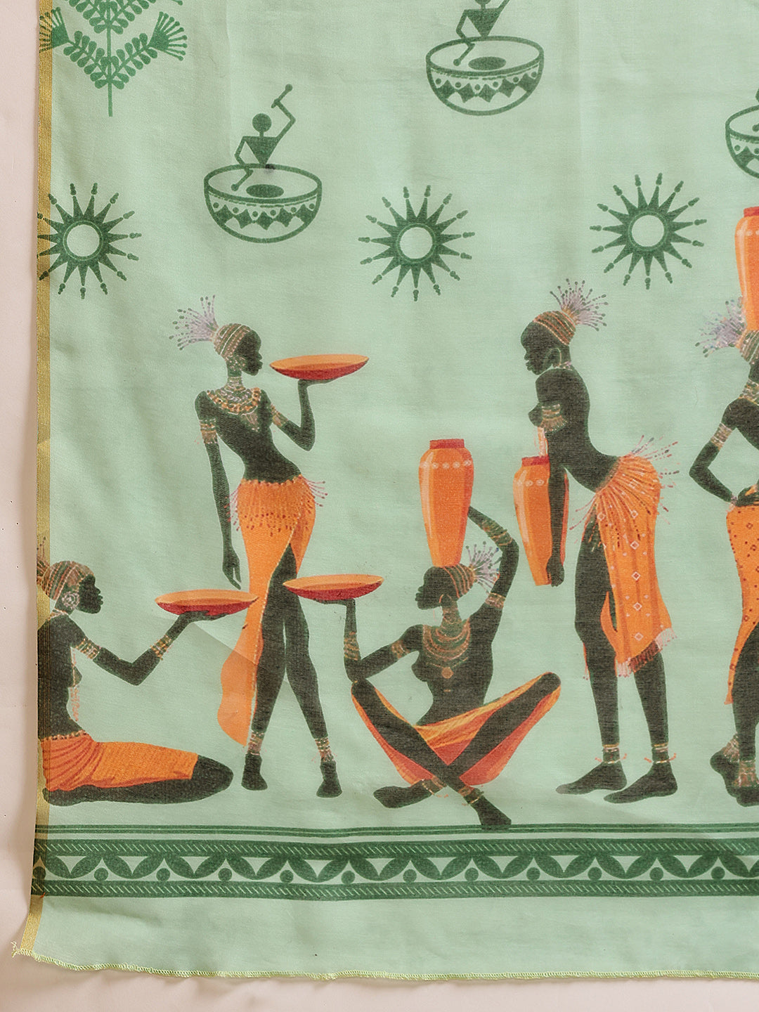 Hiral Fashion Green Chanderi Cotton Blend Abstract Digital Printed Saree | Swadesiicart