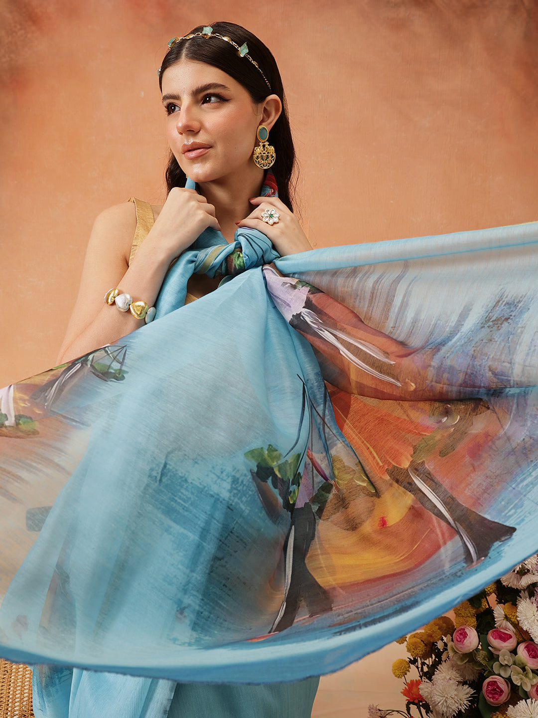 Hiral Fashion Blue Chanderi Cotton Blend Abstract Digital Printed Saree | Swadesiicart