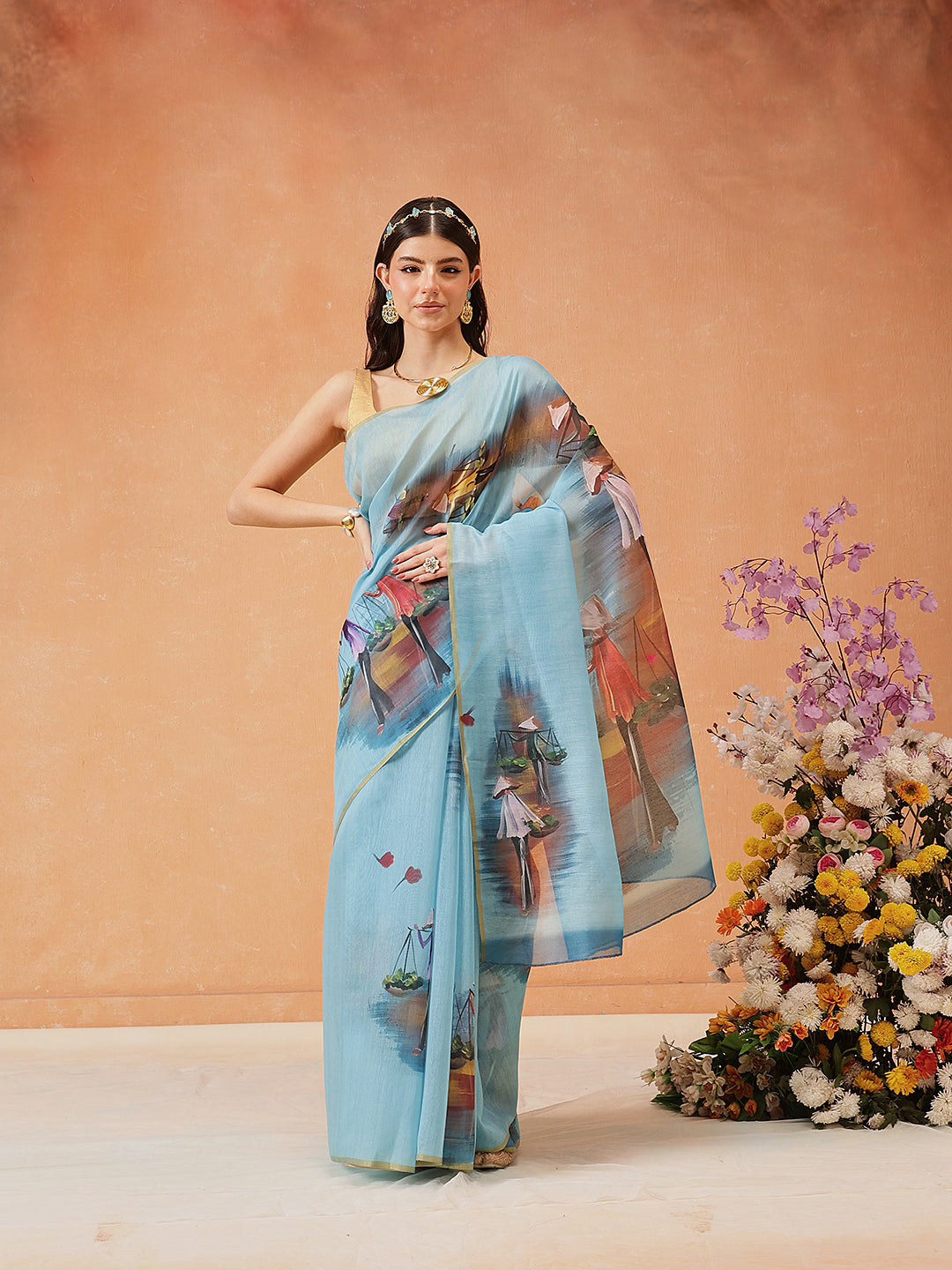 Hiral Fashion Blue Chanderi Cotton Blend Abstract Digital Printed Saree | Swadesiicart