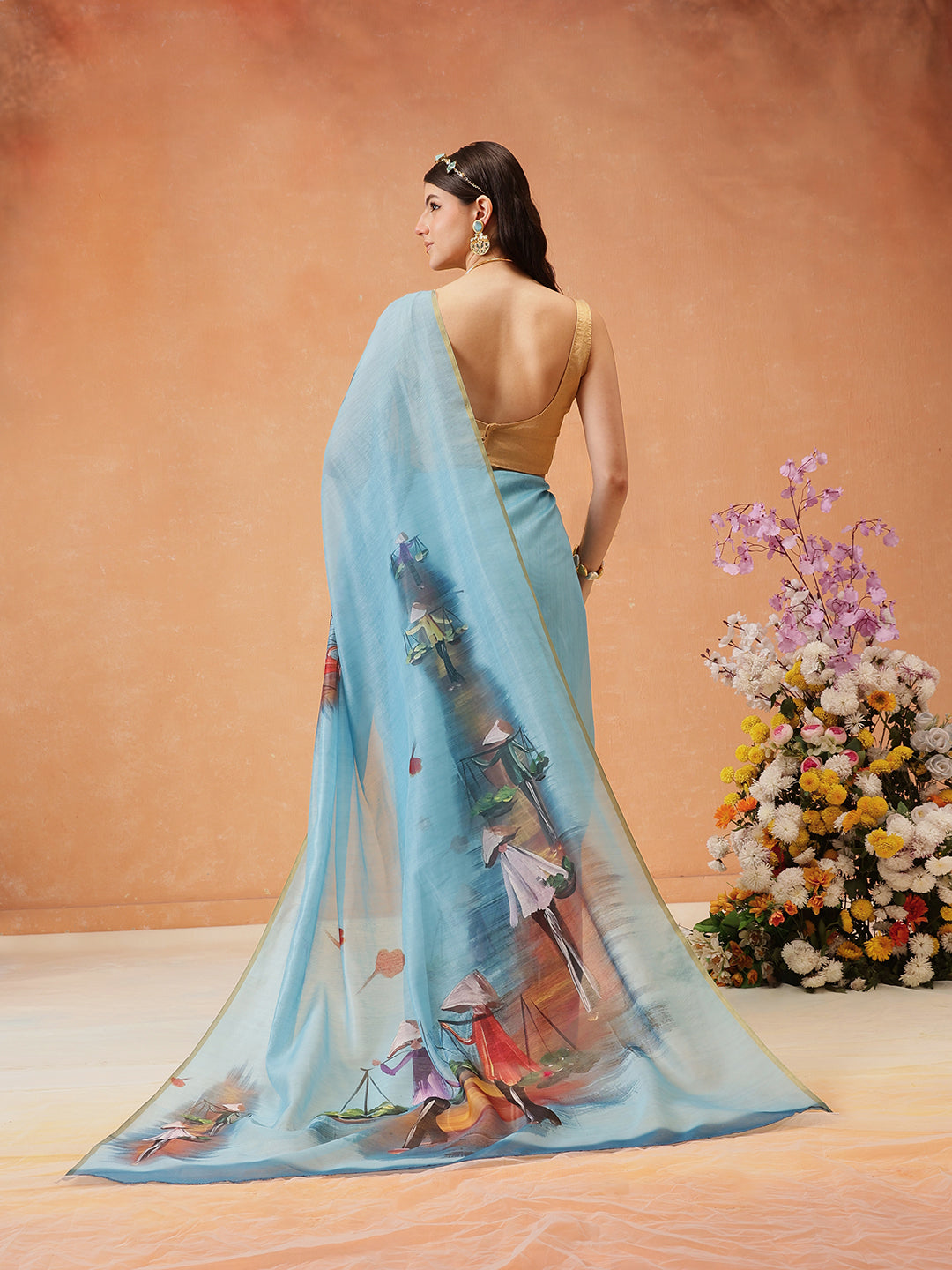 Hiral Fashion Blue Chanderi Cotton Blend Abstract Digital Printed Saree | Swadesiicart