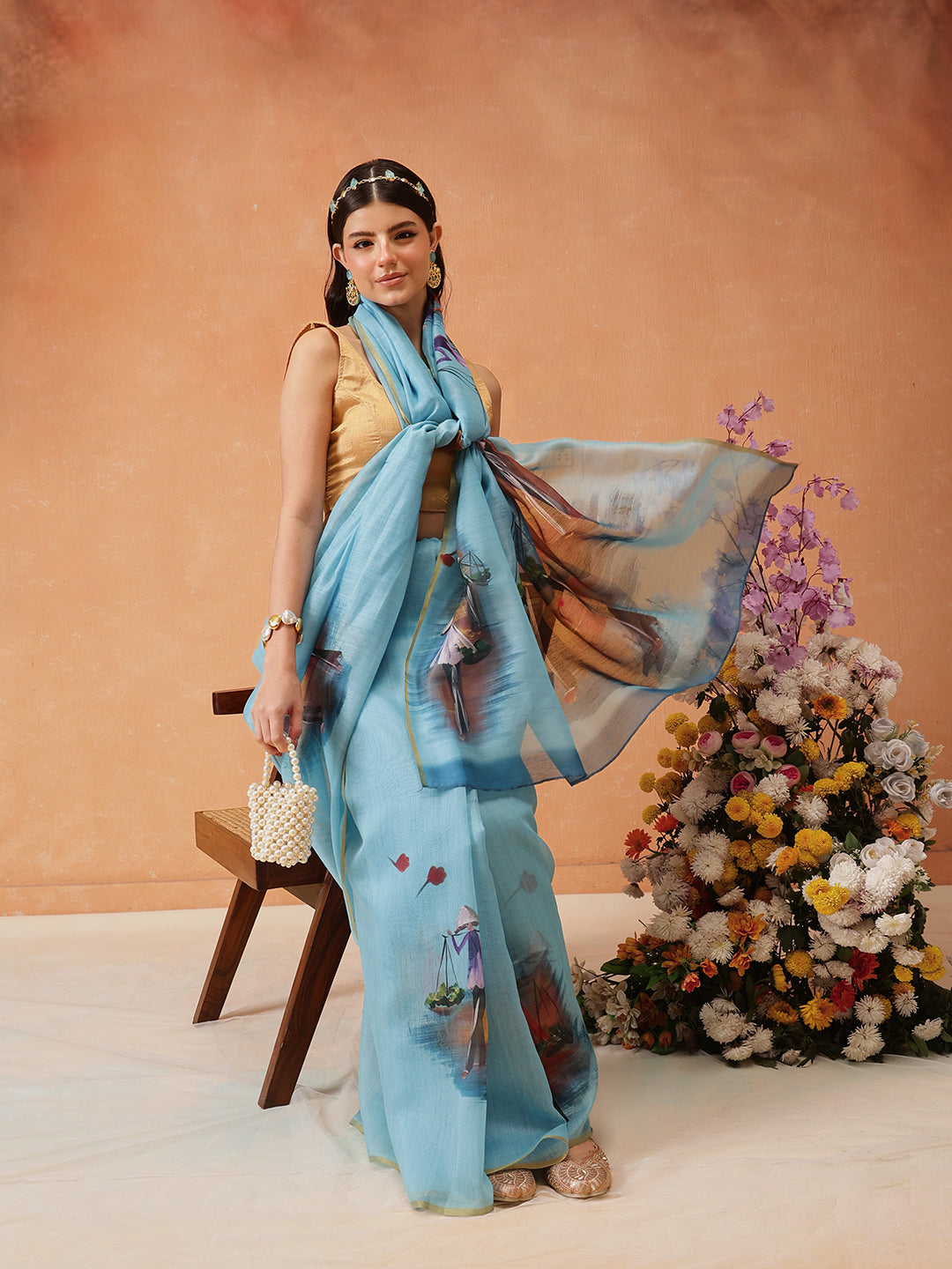 Hiral Fashion Blue Chanderi Cotton Blend Abstract Digital Printed Saree | Swadesiicart