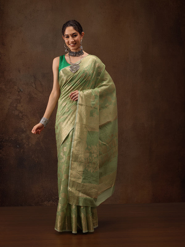 Green Cotton Woven Zari Design Floral Saree with Unstitched Blouse - Hiral Fashion | Swadesiicart