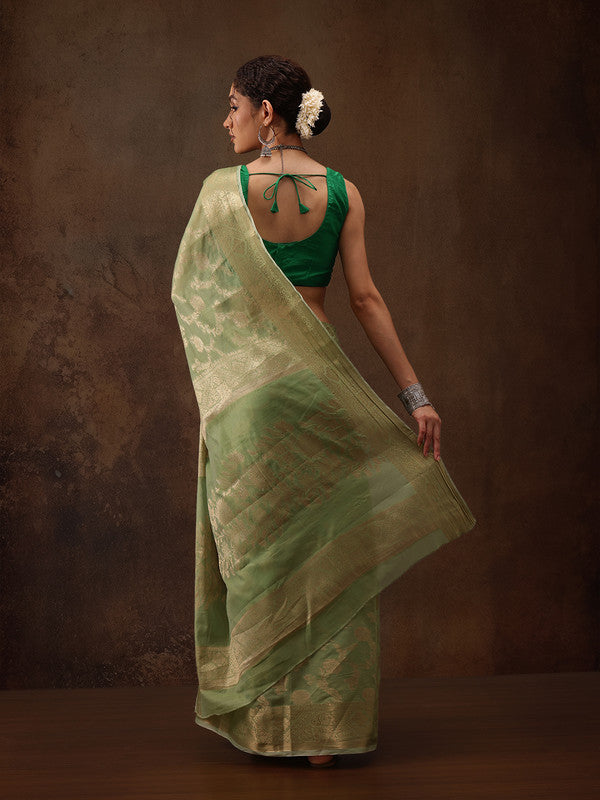 Green Cotton Woven Zari Design Floral Saree with Unstitched Blouse - Hiral Fashion | Swadesiicart