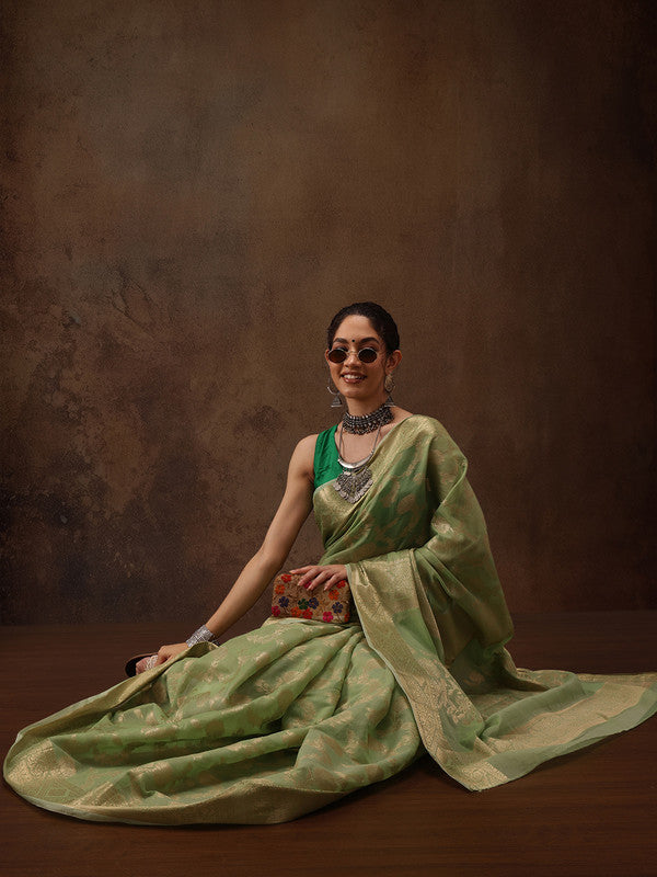 Green Cotton Woven Zari Design Floral Saree with Unstitched Blouse - Hiral Fashion | Swadesiicart