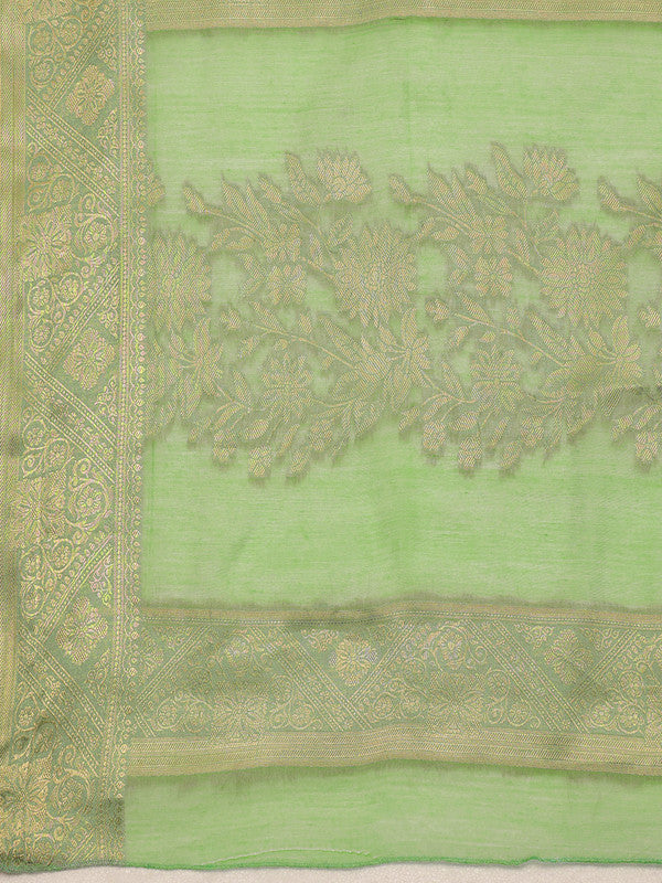 Green Cotton Woven Zari Design Floral Saree with Unstitched Blouse - Hiral Fashion | Swadesiicart