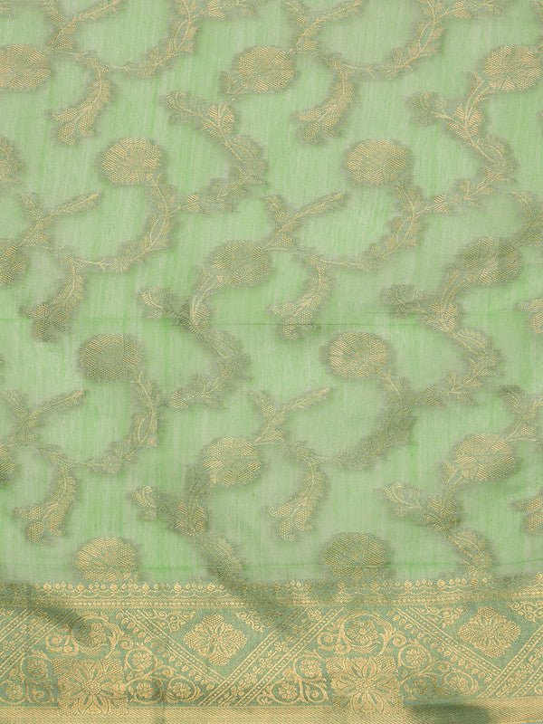 Green Cotton Woven Zari Design Floral Saree with Unstitched Blouse - Hiral Fashion | Swadesiicart