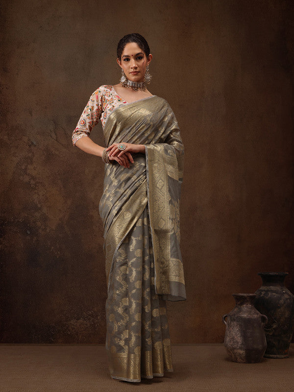 Gray Cotton Woven Zari Design Floral Saree with Unstitched Blouse - Hiral Fashion | Swadesiicart