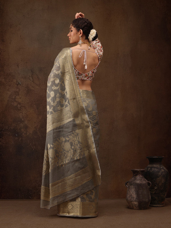 Gray Cotton Woven Zari Design Floral Saree with Unstitched Blouse - Hiral Fashion | Swadesiicart