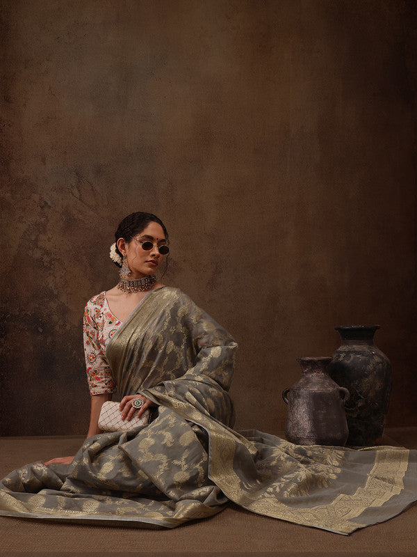 Gray Cotton Woven Zari Design Floral Saree with Unstitched Blouse - Hiral Fashion | Swadesiicart
