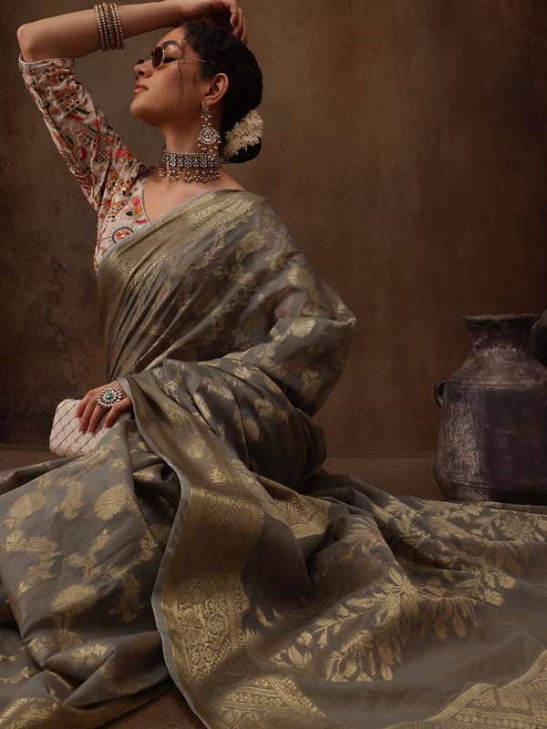 Gray Cotton Woven Zari Design Floral Saree with Unstitched Blouse - Hiral Fashion | Swadesiicart