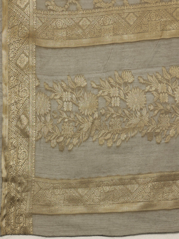 Gray Cotton Woven Zari Design Floral Saree with Unstitched Blouse - Hiral Fashion | Swadesiicart