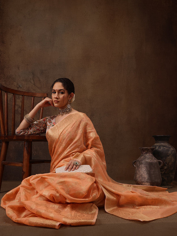 Peach Cotton Woven Zari Design Floral Saree with Unstitched Blouse - Hiral Fashion | Swadesiicart