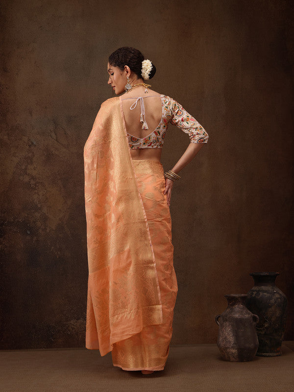 Peach Cotton Woven Zari Design Floral Saree with Unstitched Blouse - Hiral Fashion | Swadesiicart