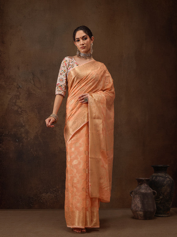 Peach Cotton Woven Zari Design Floral Saree with Unstitched Blouse - Hiral Fashion | Swadesiicart