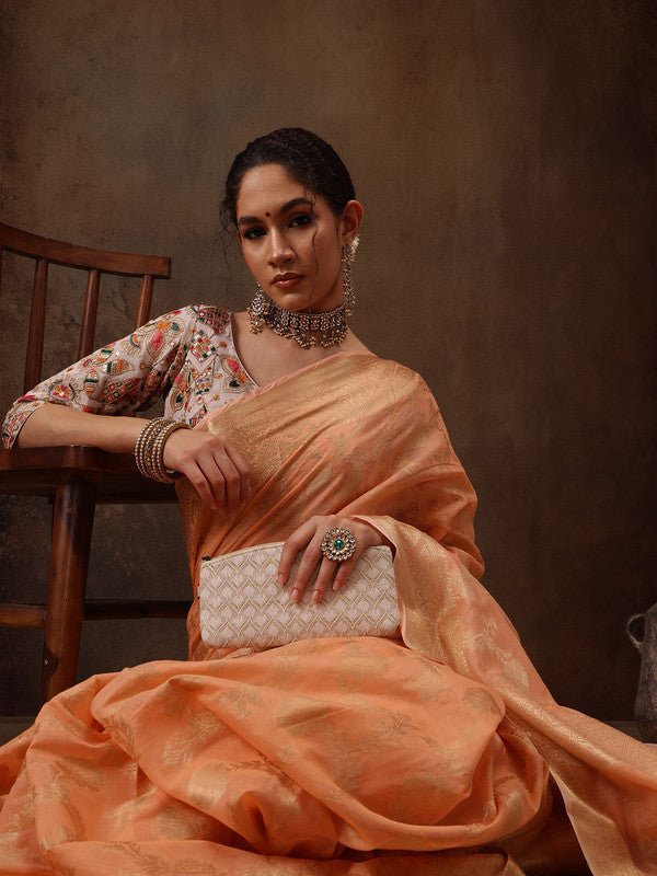 Peach Cotton Woven Zari Design Floral Saree with Unstitched Blouse - Hiral Fashion | Swadesiicart