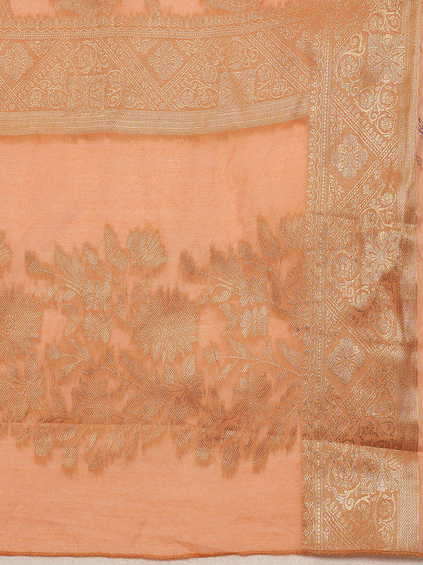 Peach Cotton Woven Zari Design Floral Saree with Unstitched Blouse - Hiral Fashion | Swadesiicart