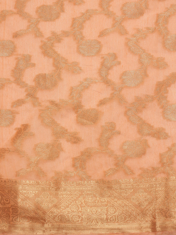 Peach Cotton Woven Zari Design Floral Saree with Unstitched Blouse - Hiral Fashion | Swadesiicart
