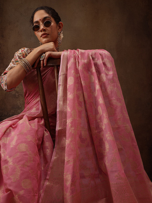 Pink Cotton Woven Zari Design Floral Saree with Unstitched Blouse - Hiral Fashion | Swadesiicart
