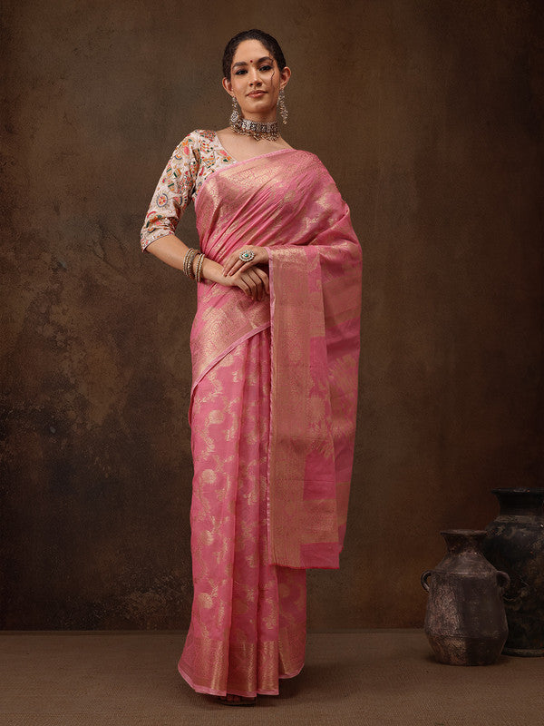 Pink Cotton Woven Zari Design Floral Saree with Unstitched Blouse - Hiral Fashion | Swadesiicart