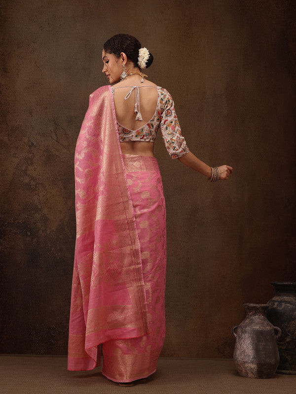 Pink Cotton Woven Zari Design Floral Saree with Unstitched Blouse - Hiral Fashion | Swadesiicart