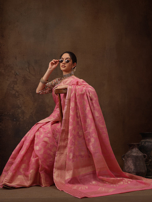 Pink Cotton Woven Zari Design Floral Saree with Unstitched Blouse - Hiral Fashion | Swadesiicart