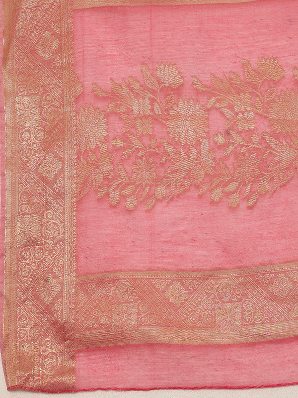 Pink Cotton Woven Zari Design Floral Saree with Unstitched Blouse - Hiral Fashion | Swadesiicart